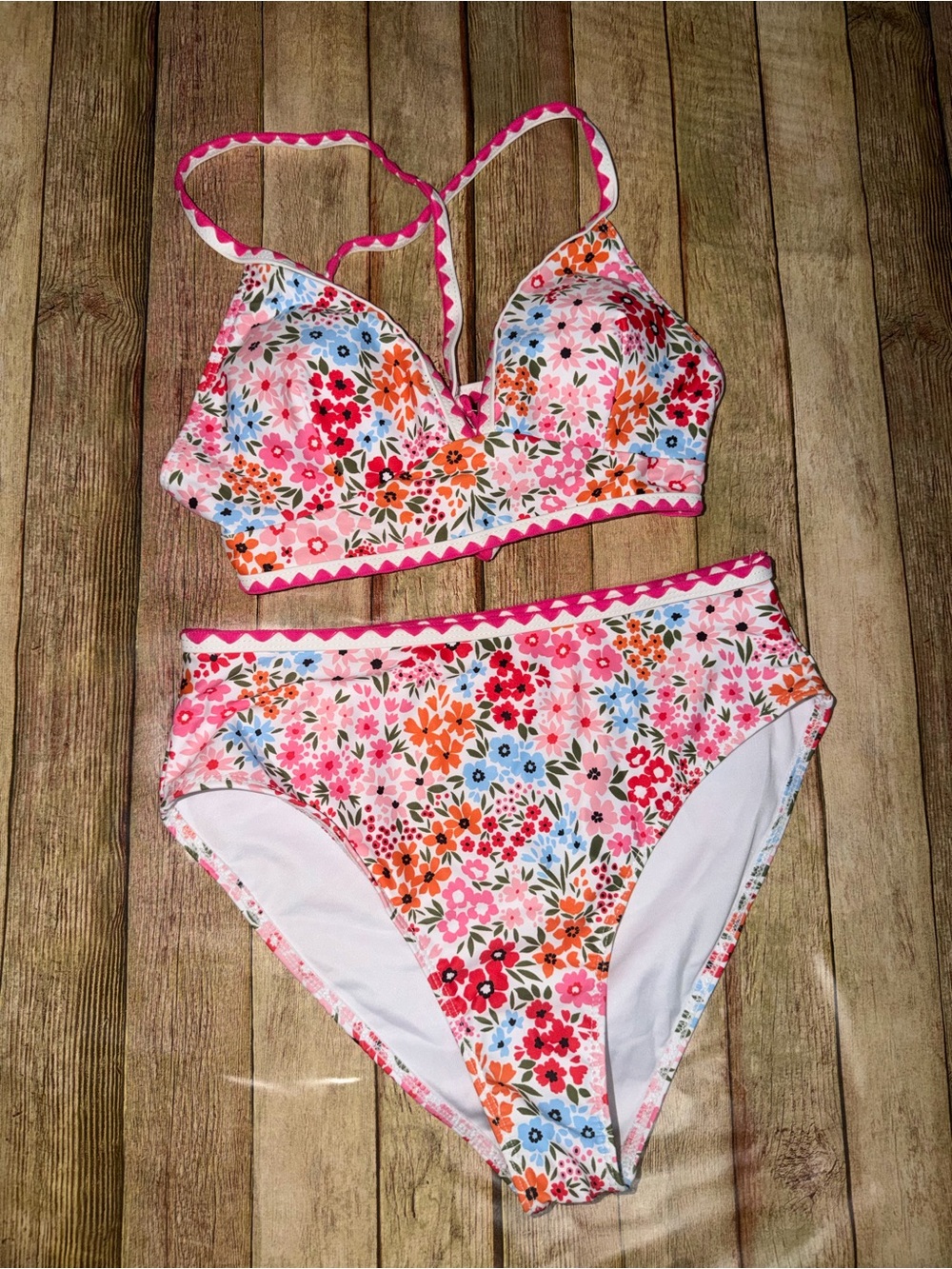 Floral High-Waist Bikini Set in Pink, Red, Orange, Blue